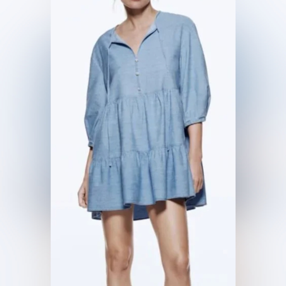 MELISSA NEPTON Blue 3/4 Sleeve Boxy Tunic Dress